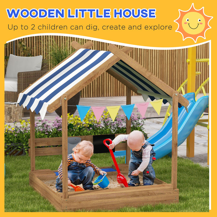 House-Designed Wooden Sandbox, Outdoor Sandpit, with Blackboard, Toys, Sink, Seats, Flags, for Ages 3-7 Years - Brown