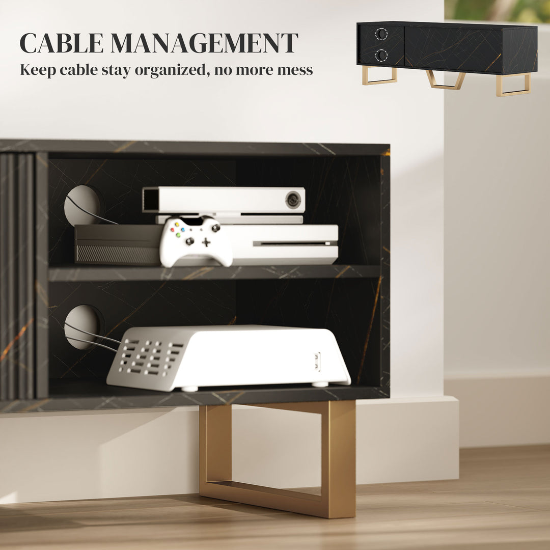 Marble Effect TV Unit, TV Stand Cabinet for up to 70" TVs, Modern TV Cabinet with Shelves and Storage Cupboard, Fluted Door, Extra Centre Leg, Cable Management for Living Room, Black