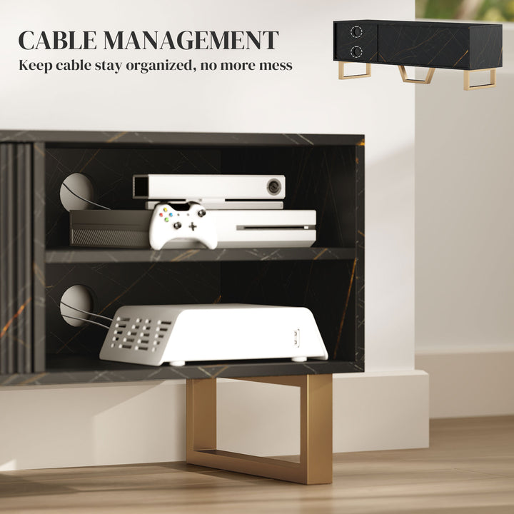 Marble Effect TV Unit, TV Stand Cabinet for up to 70" TVs, Modern TV Cabinet with Shelves and Storage Cupboard, Fluted Door, Extra Centre Leg, Cable Management for Living Room, Black