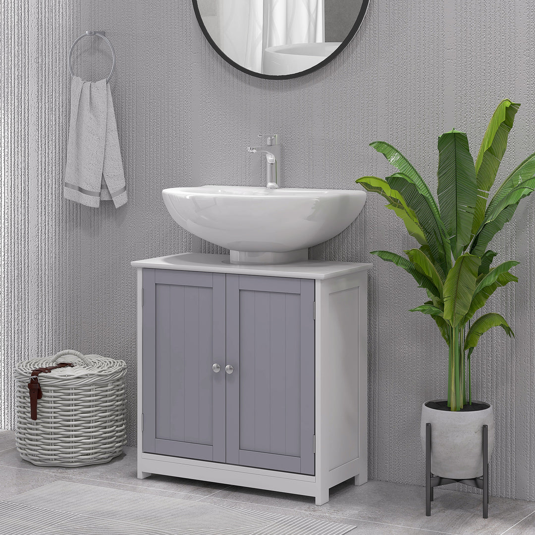 60x60cm Under-Sink Storage Cabinet w/ Adjustable Shelf Handles Drain Hole Bathroom Cabinet Space Saver Organizer White and Grey