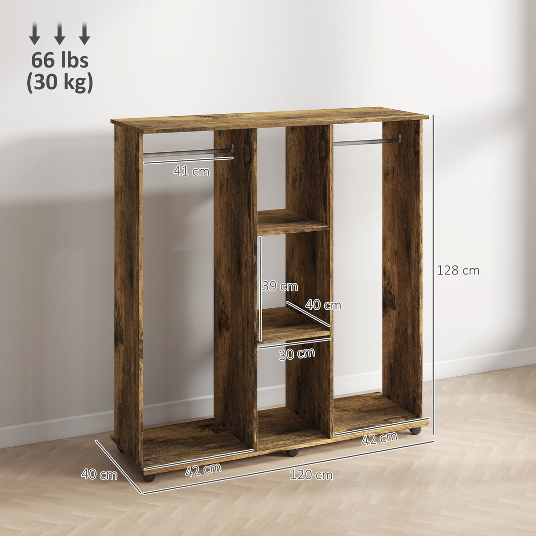 Open Wardrobe Double Mobile Storage Shelves Organizer W/6 Wheels-Rustic Brown