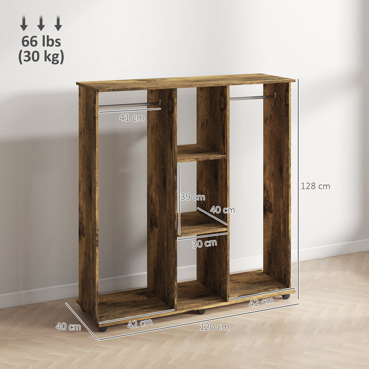Open Wardrobe Double Mobile Storage Shelves Organizer W/6 Wheels-Rustic Brown