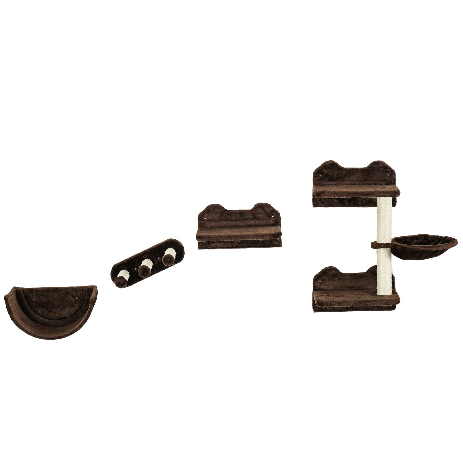 4PCs Wall-Mounted Cat Shelves w/ Scratching Post, Hammock, Nest - Brown