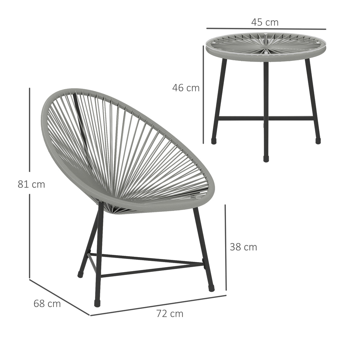 3 Pieces Rattan Bistro Set, Garden Bistro Set with Acapulco Chairs and Glass Top Table, Small Garden Furniture Set with Reinforced Metal Frame for Outdoor, Patio, Balcony, Grey