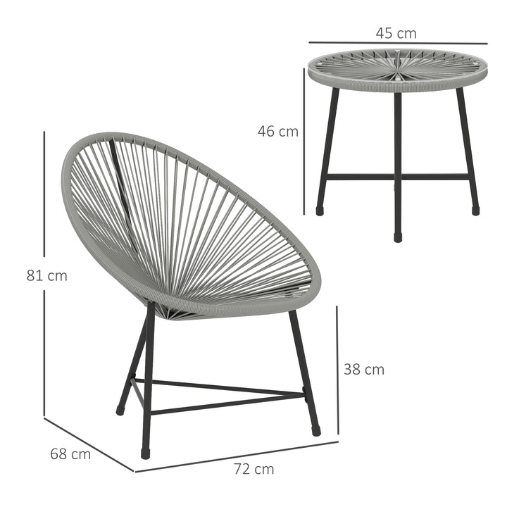 3 Pieces Rattan Bistro Set, Garden Bistro Set with Acapulco Chairs and Glass Top Table, Small Garden Furniture Set with Reinforced Metal Frame for Outdoor, Patio, Balcony, Grey