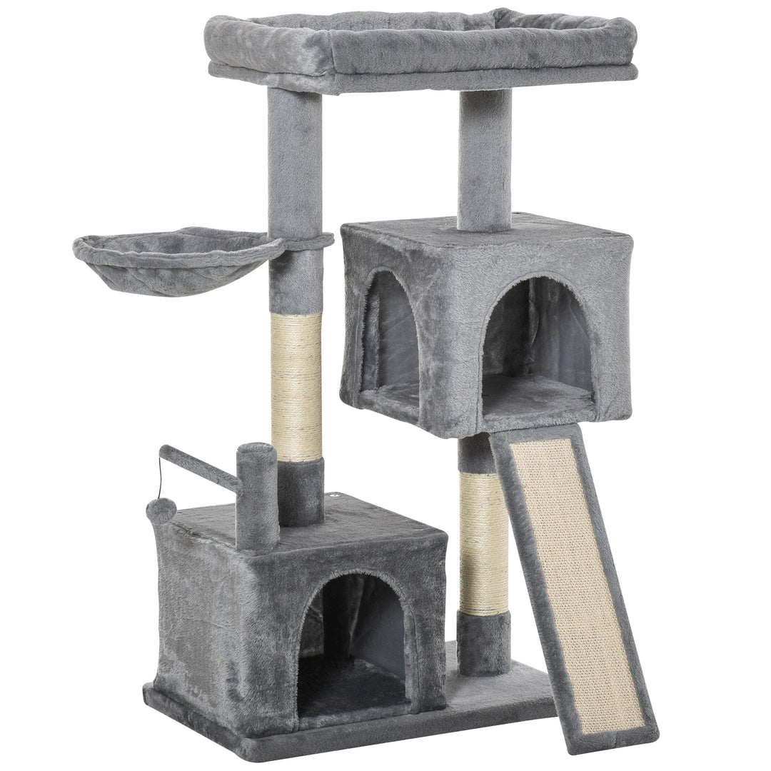 MCL Cat Tree Tower for Indoor Cats, 111cm Kitten Activity Centre with Scratching Post Pad Hammock Condo Bed Ball Toy, Grey