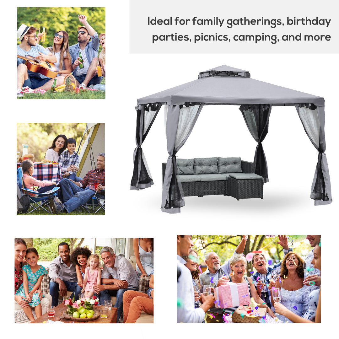 3 x 3 m Metal Gazebo, Garden Pavillion, Double Roof Outdoor Canopy Shelter with Mesh Sidewalls, Grey