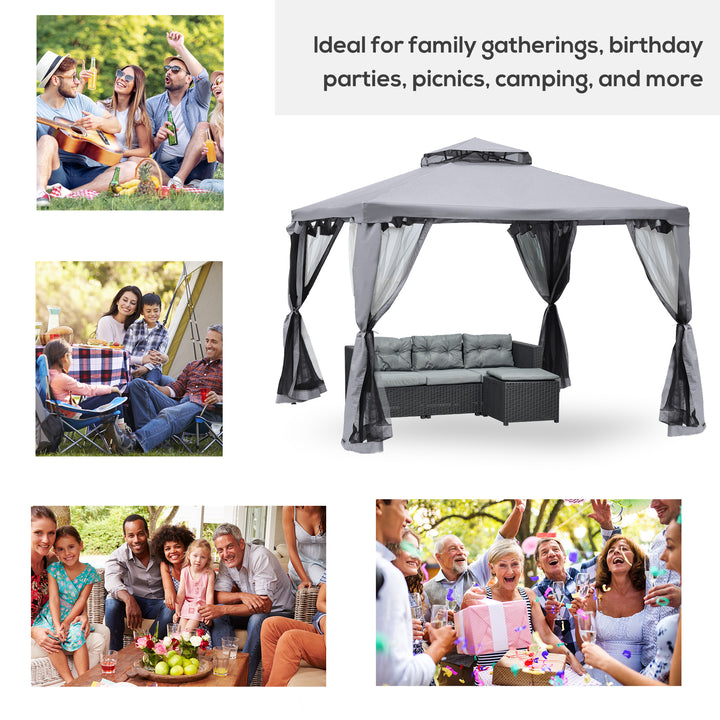 3 x 3 m Metal Gazebo, Garden Pavillion, Double Roof Outdoor Canopy Shelter with Mesh Sidewalls, Grey