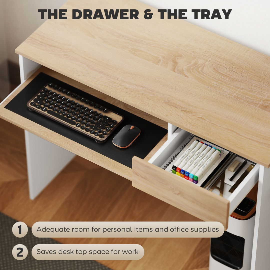 100cm Compact Computer Desk with Keyboard Tray, Home Office Desk with Drawer for Bedroom Study, Oak