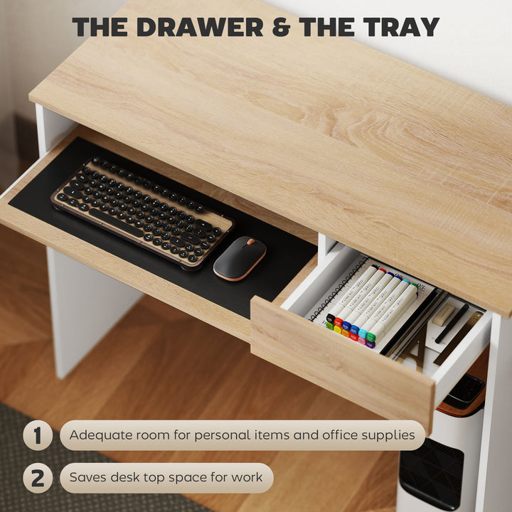 100cm Compact Computer Desk with Keyboard Tray, Home Office Desk with Drawer for Bedroom Study, Oak