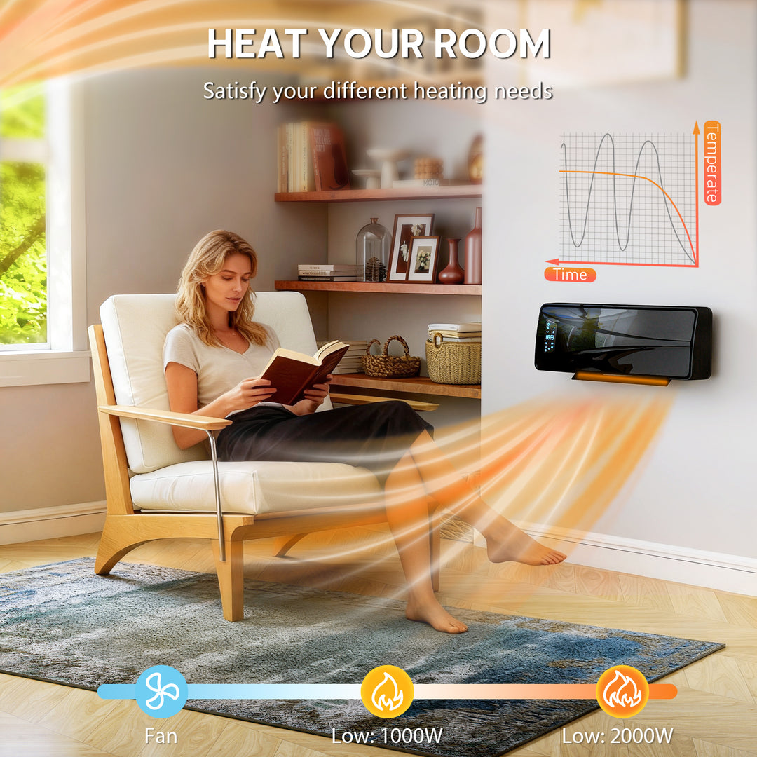 2000W Ceramic Electric Heater with Fan, Adjustable Thermostat, Wall Mo