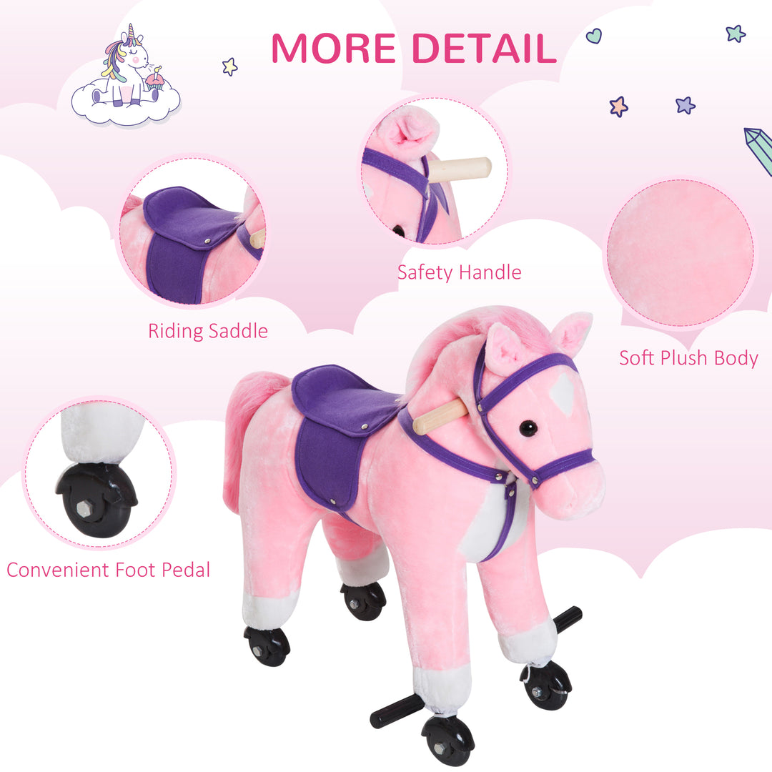 Rocking Horse Kids Ride on Walking Horse Animal Pony Wheeled Riding Plush Toy w/Sound for 2 Years and Up (Pink)