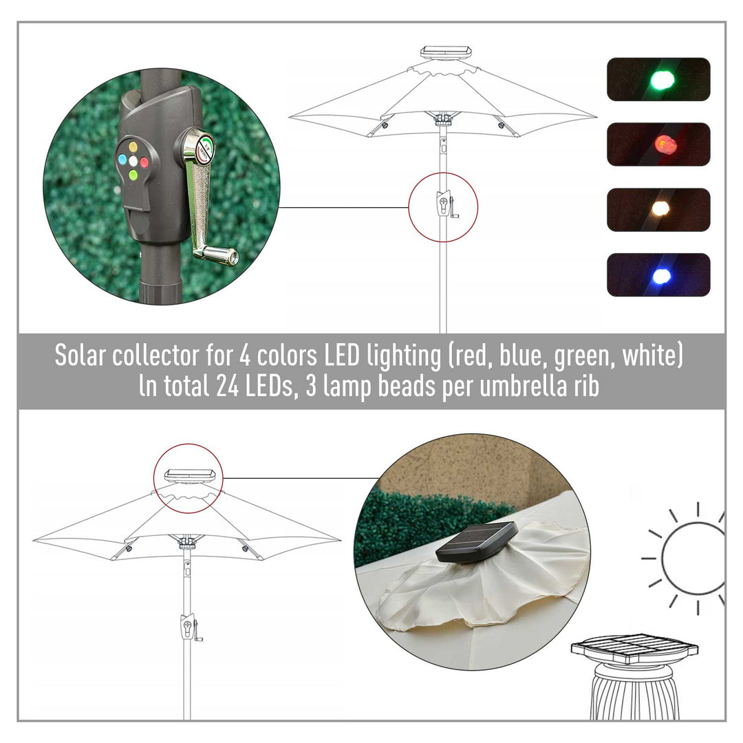 Φ2.7m Garden 24 LED Light Parasol Solar Outdoor Tilt Sun Umbrella Patio Club Party Event Manual Sun Shade w/ Hand Crank and 8 Ribs, Off-white