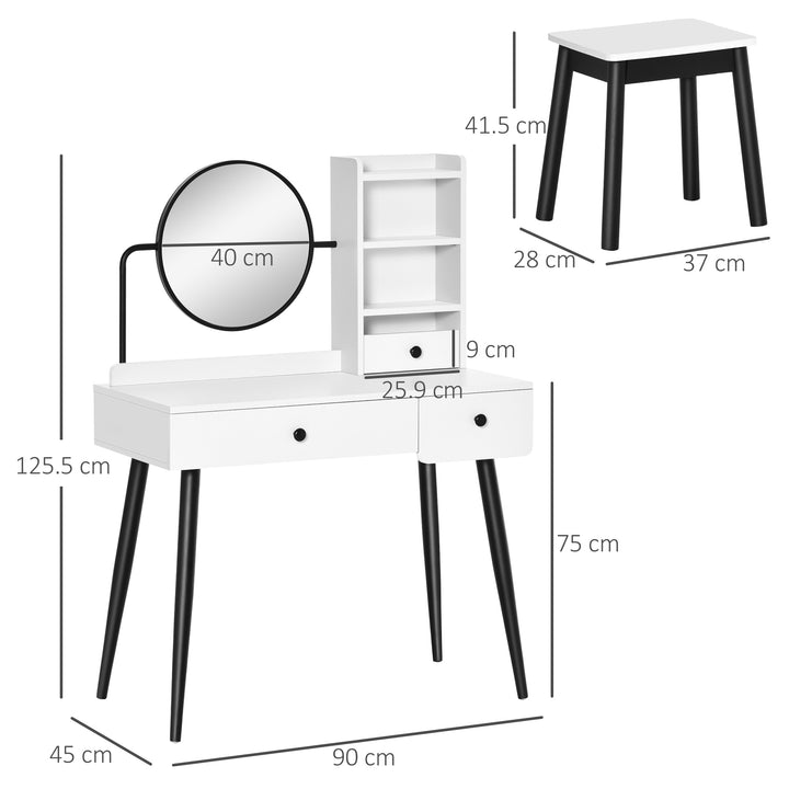 HOMCOM Vanity Dressing Table Set with Mirror and Stool, Makeup Table with 3 Drawers and Open Shelves, White | Aosom UK