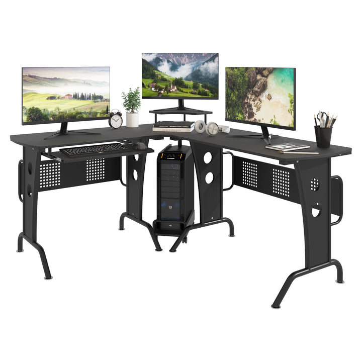 HOMCOM L-Shaped Corner Work Desk Gaming Office w/ Steel Frame CPU Rack Keyboard Tray Space-Saving Melamine Coating Computer, Black | Aosom UK