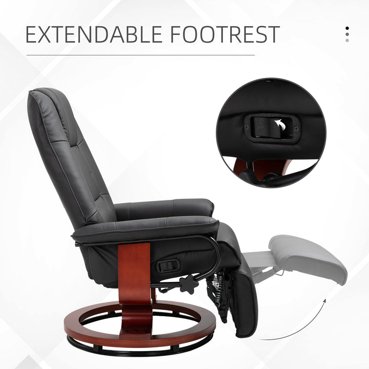 360° Swivel Recliner Chair with Footstool, Manual Recliner Armchair with Wooden Base, Faux Leather Upholstered Reclining Chair for Living Room, Bedroom, Office, Black