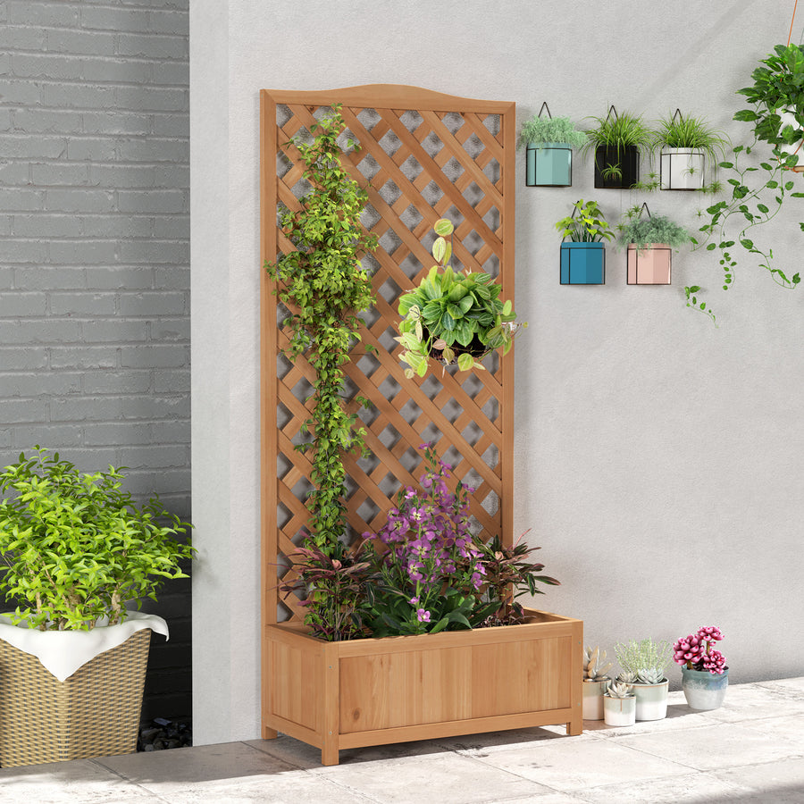 53L Garden Wooden Planter Box with Trellis Free Standing Flower Raised Bed with Lattice for Climbing Plants, 76cm x 36cm x 170cm, Brown