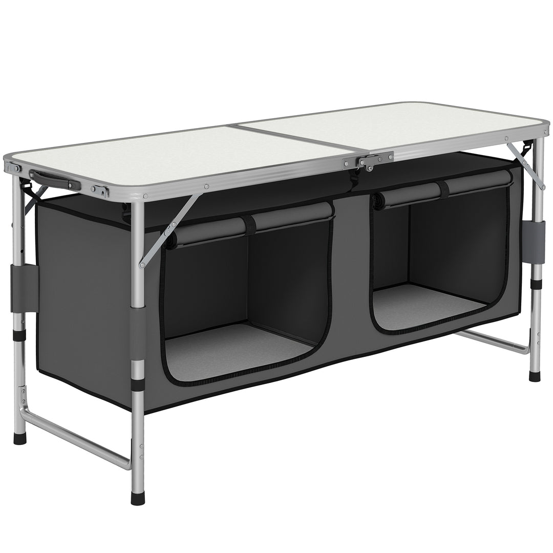 4ft Folding Camping Cupboard Kitchen, Height Adjustable Aluminium Camping Table with Storage, Lightweight Picnic Table for Outdoor Garden BBQ Party