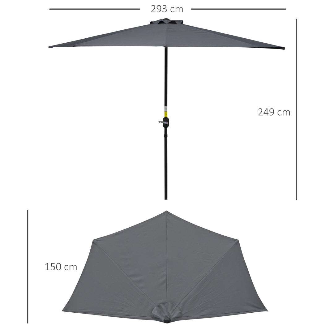 3(m) Half Parasol Semi Round Umbrella Patio Metal Frame Crank Handle for Balcony-- NO BASE INCLUDED, Grey