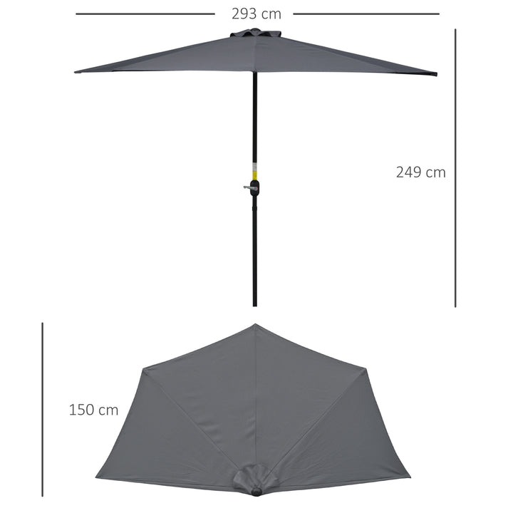 3(m) Half Parasol Semi Round Umbrella Patio Metal Frame Crank Handle for Balcony-- NO BASE INCLUDED, Grey