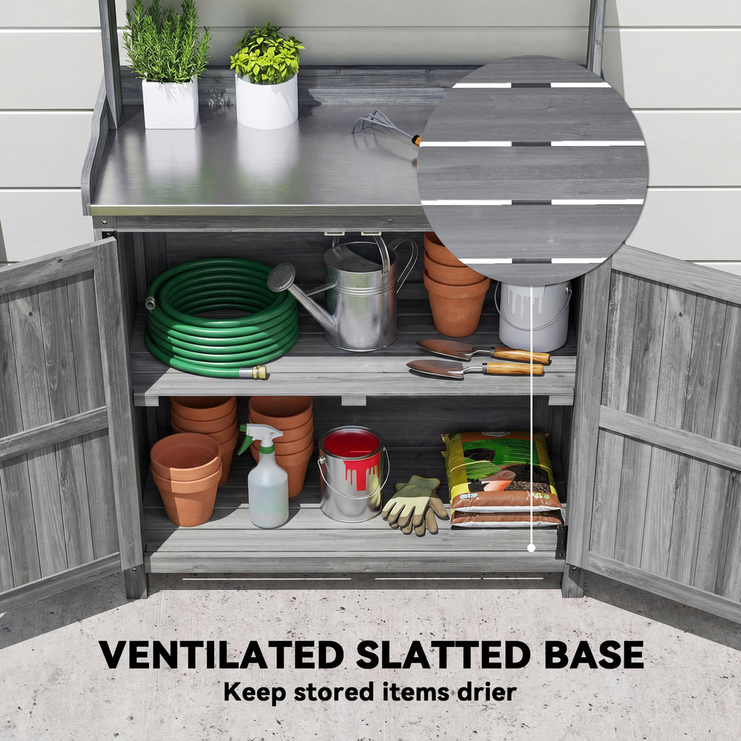 Wooden Potting Bench Table with Aluminium Worktop, Outdoor Garden Work
