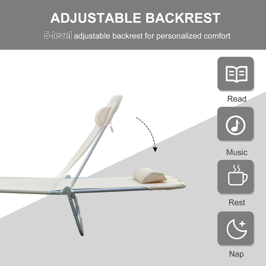 Outdoor Foldable Sun Lounger, Adjustable Backrest Garden Recliner Sun Lounger Chair with Headrest Pillow, Beige