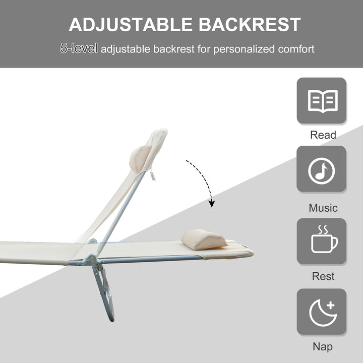 MCL Outdoor Foldable Sun Lounger, Adjustable Backrest Garden Recliner Sun Lounger Chair with Headrest Pillow, Beige