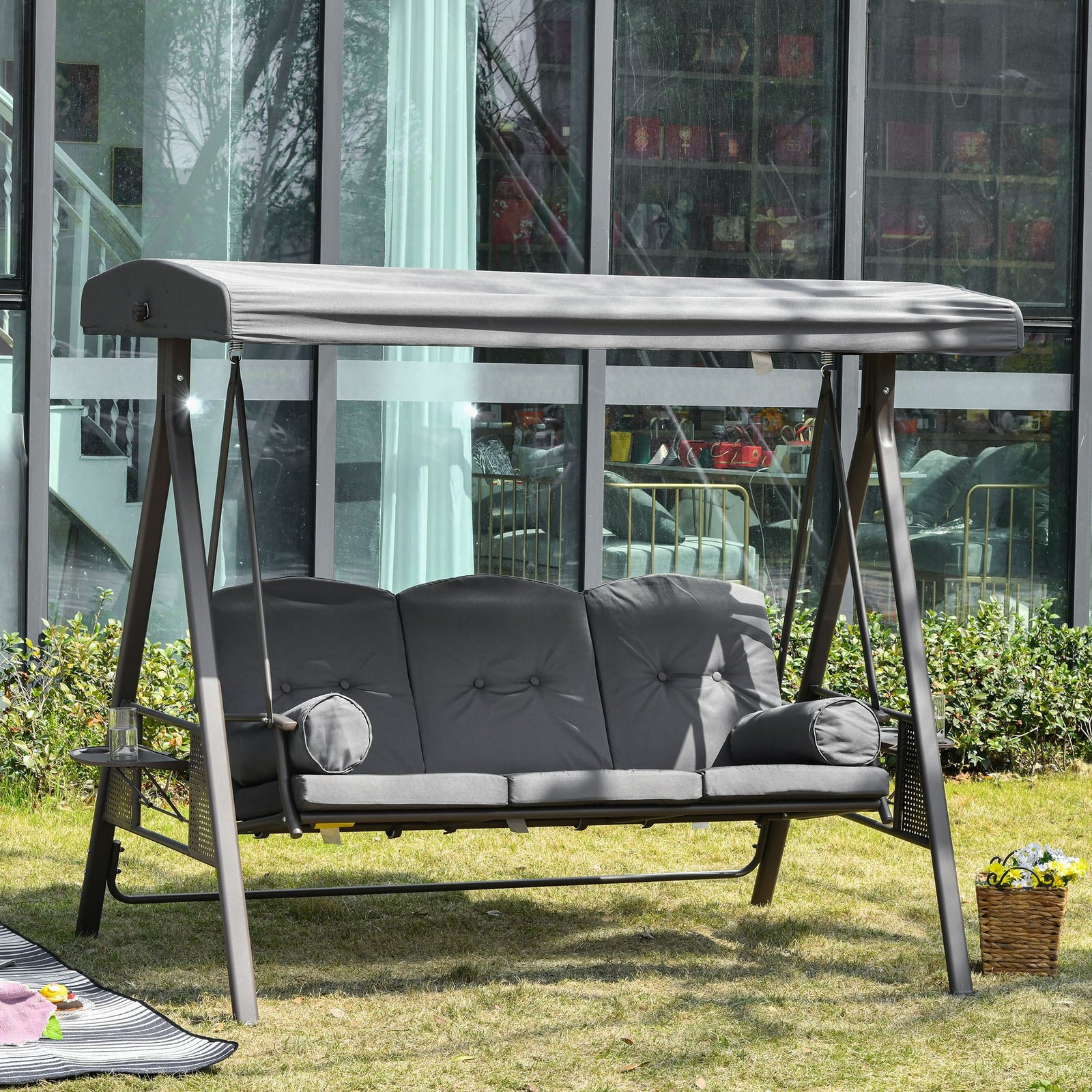 3 Seater Garden Swing Chair Outdoor Hammock Bench w/ Adjustable Canopy, Cushions and Cup Trays, Brown Steel Frame, Dark Grey Fabric
