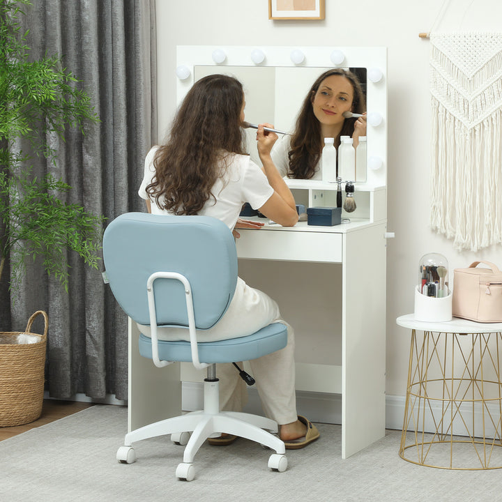 Vanity Office Chair, PU Leather Computer Chair for Home, with Adjustable Height, Armless, Swivel Wheels, Blue