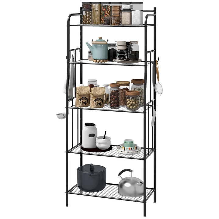 HOMCOM 5-Tier Kitchen Storage Unit, Microwave Stand w/ 5 Mesh Open Shelves & 4 Hooks, Modern Coffee Bar Station w/ Steel Frame for Home | Aosom UK