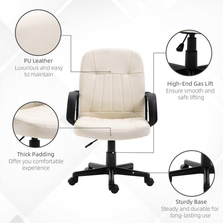 MCL Desk Chair, PU Leather Computer Office Chair with Adjustable Height, Swivel Wheels for Home Work Study, Cream White