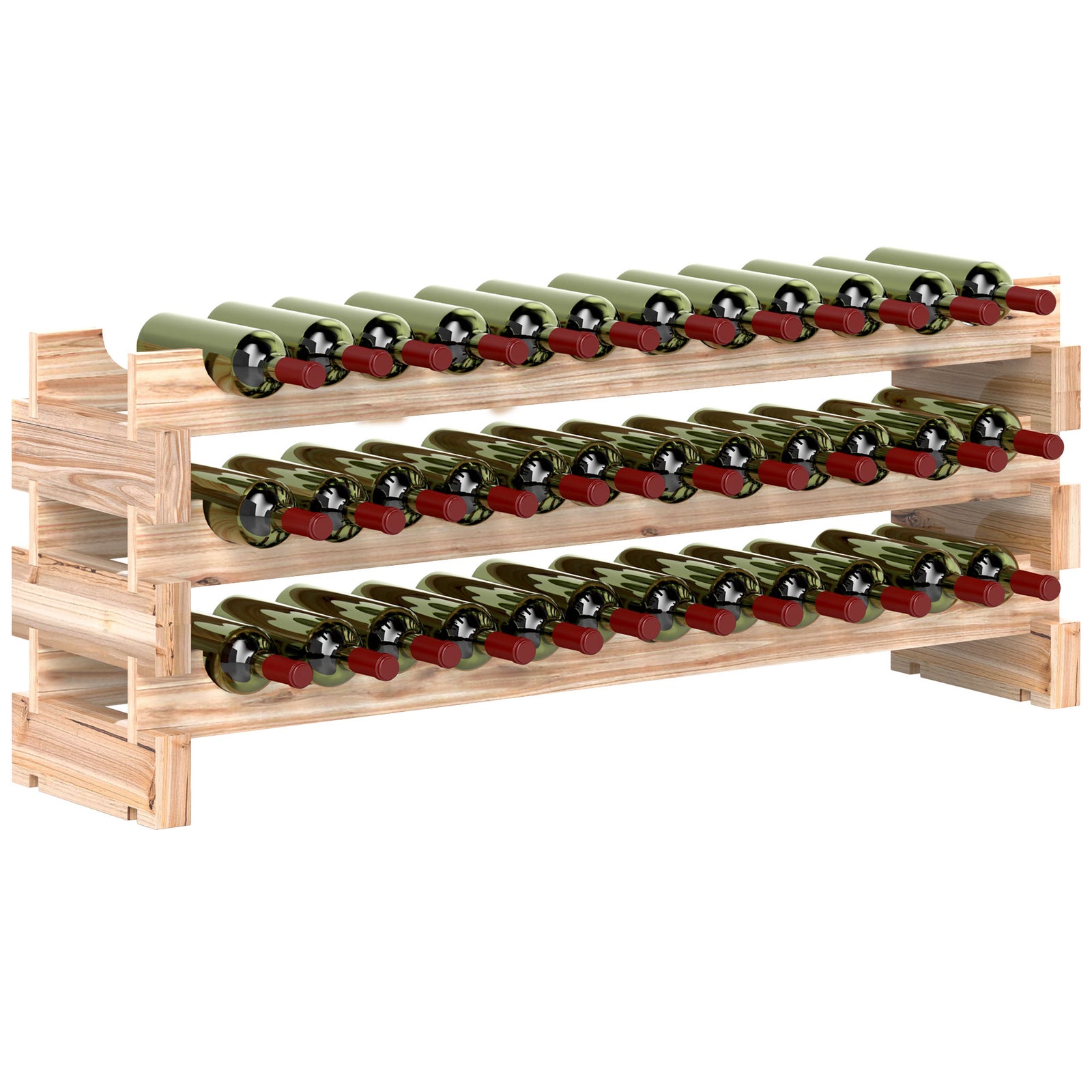 Three-Tier, 36 Bottle Wooden Wine Rack - Natural