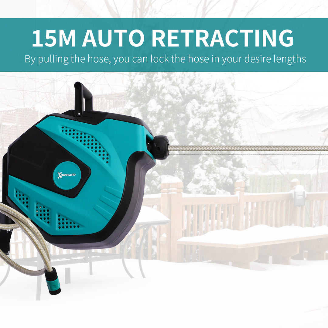 15m Garden Auto Hose Reel Wall Mounted Retractable 7 Patterns Spray Nozzle