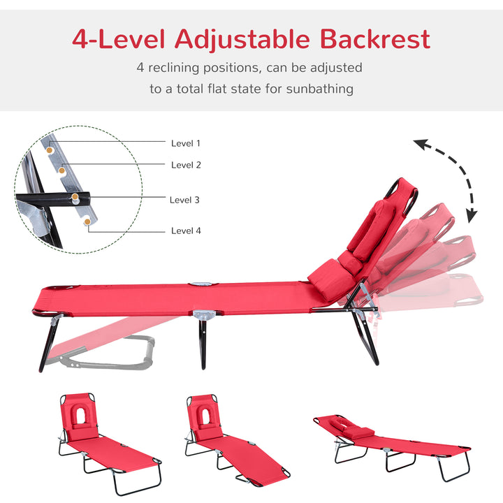 Foldable Outdoor Sun Lounger Adjustable Backrest Reclining Chair with Pillow and Reading Hole Garden Beach, Red