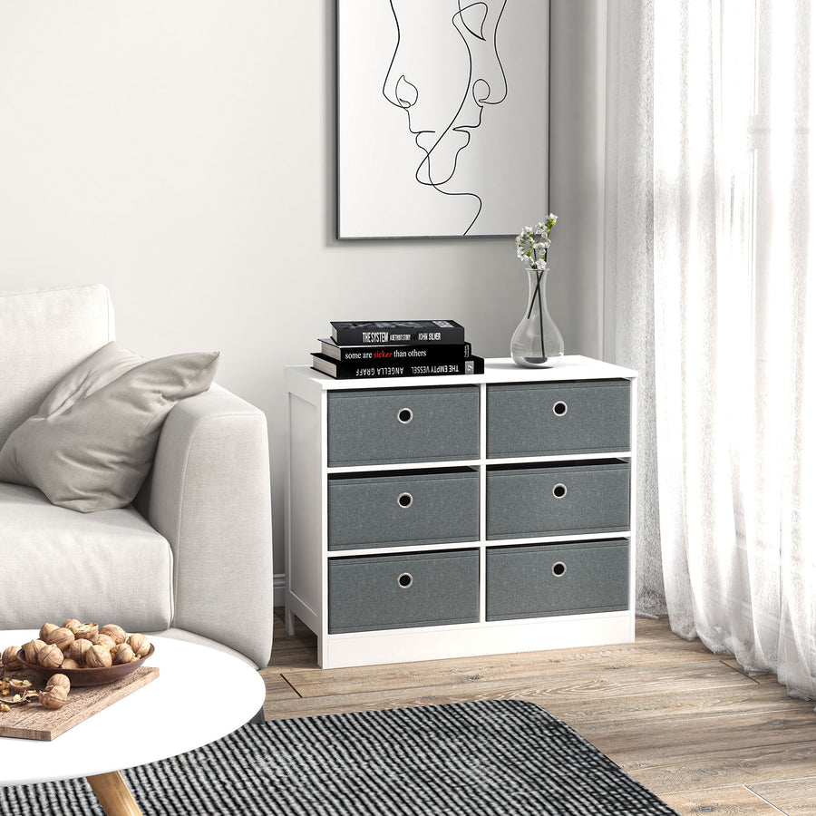 Chests of Drawer, Fabric Dresser Storage Cabinet with 6 Drawers for Bedroom, Living Room and Hallway, White and Grey