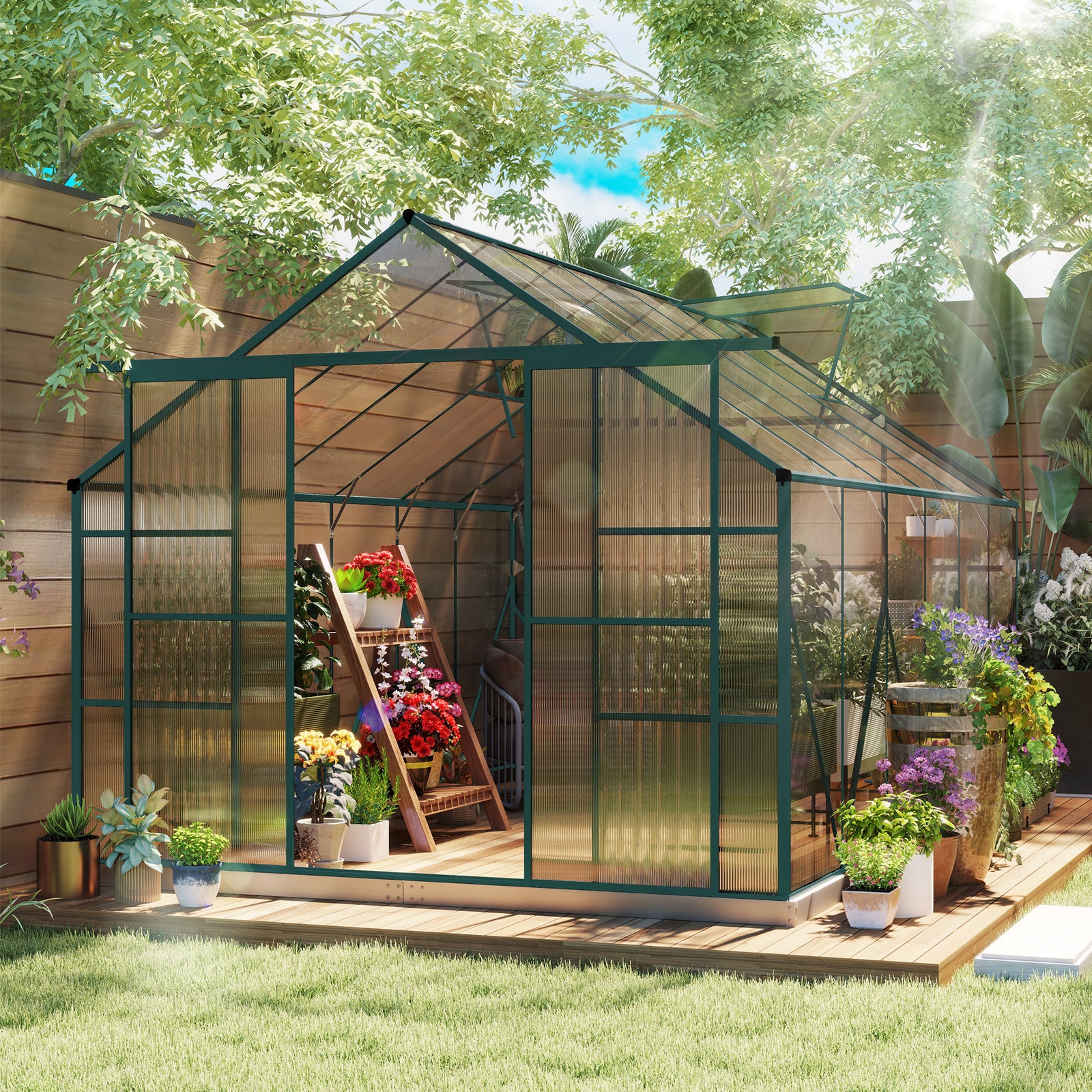 8 x 12ft Aluminium Greenhouse Polycarbonate Walk-in Garden Greenhouse Kit with Adjustable Roof Vent, Double Sliding Door, Rain Gutter and Foundation, Clear