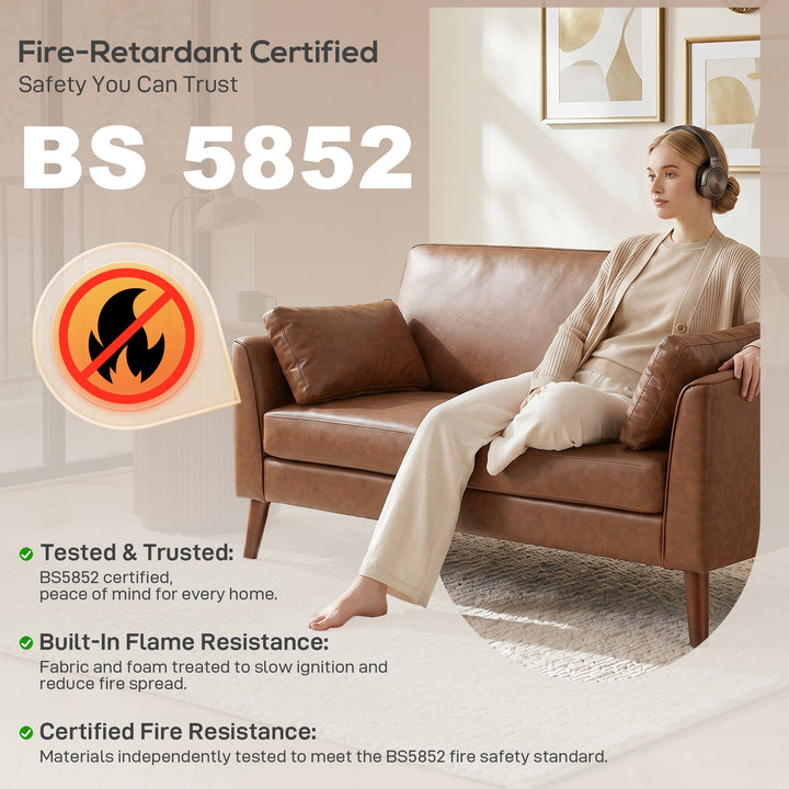 2 Seater Sofa, 132 cm Modern Small Sofa with Solid Wood Legs and 2 Pil