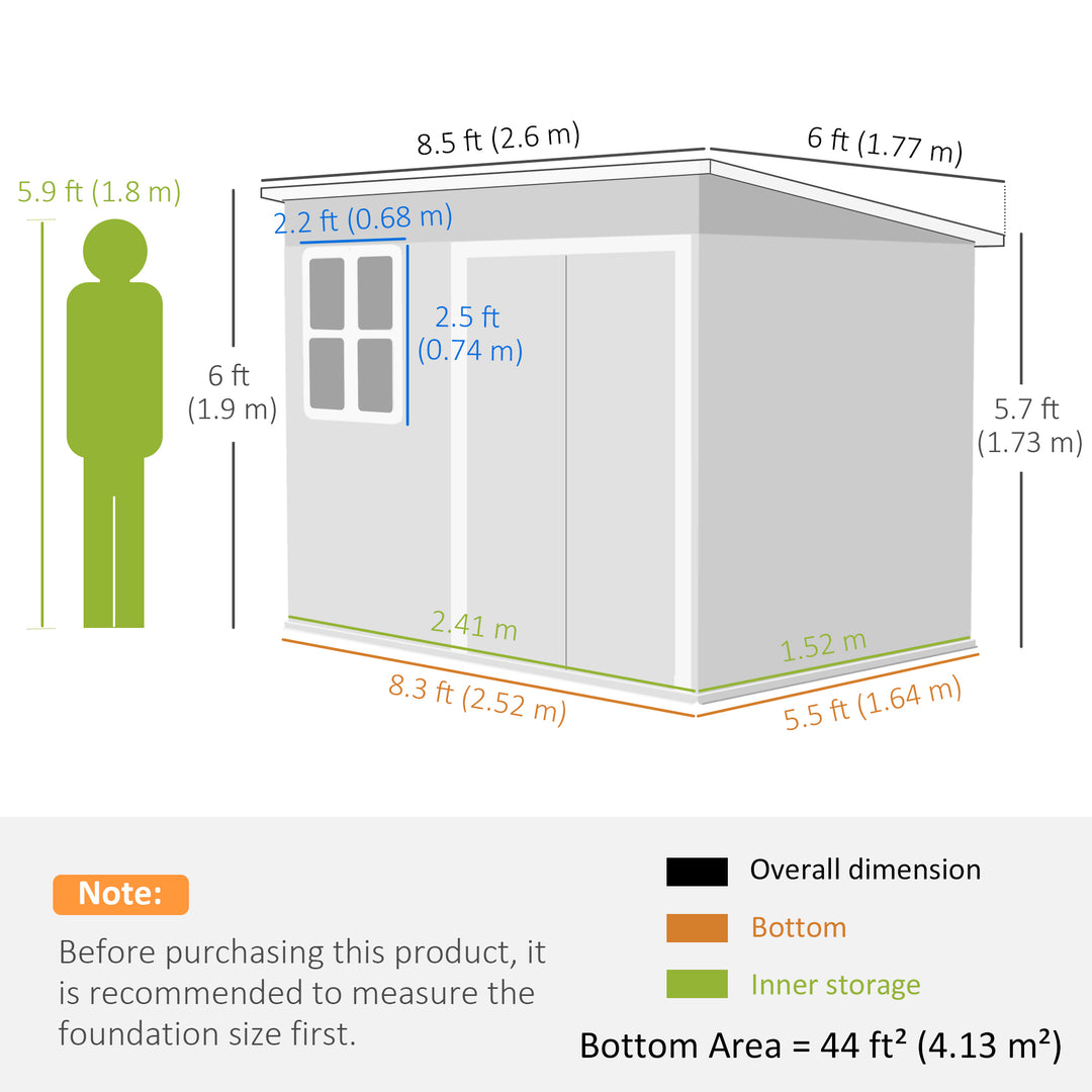 8.5 x 6ft Storage Shed Galvanised Steel Garden Shed, Metal Shed with Foundation Kit, Window, Lockable Wide Doors and Air Vents for Outdoor Patio, Dark Grey