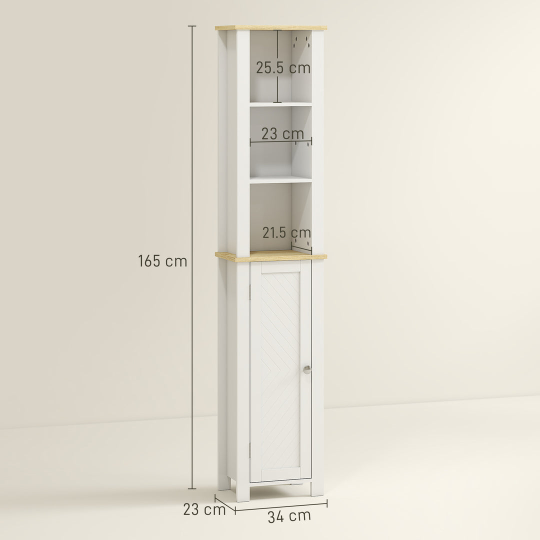 Slim Bathroom Storage Unit with Open Compartment, Bathroom Storage Cabinet with Adjustable Shelf, 34 x 23 x 165 cm, White