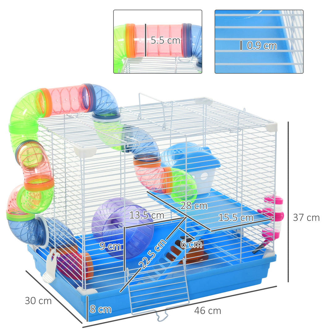 2 Tier Hamster Cage, Gerbil Cage with Handle, Exercise Wheels, Tunnel, Tube, Water Bottle, Dishes, Ladder, for Dwarf, Blue
