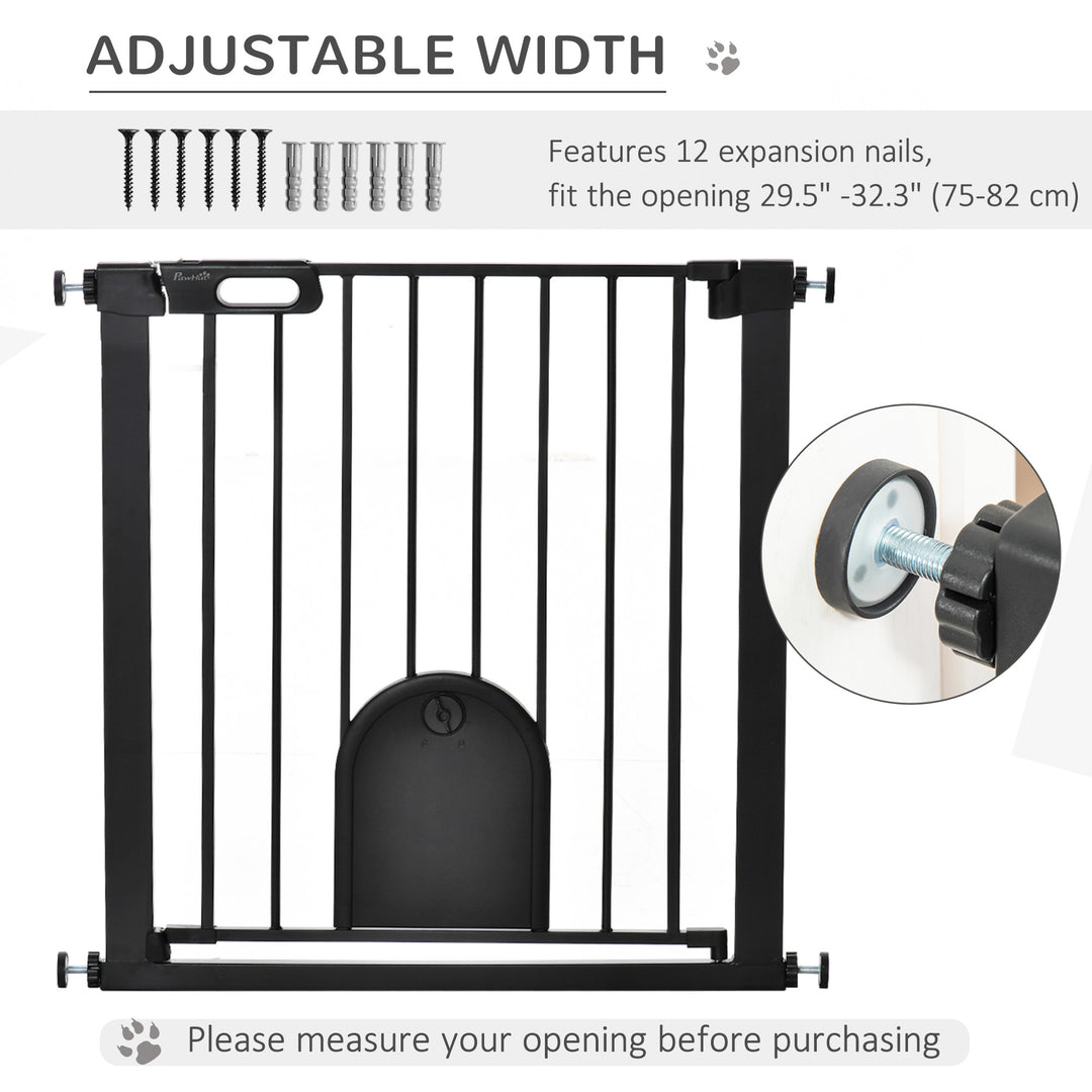 PawHut 75-82 cm Pet Safety Gate Barrier, Stair Pressure Fit, w/ Small Door, Auto Close, Double Locking, for Doorways, Hallways, Black | Aosom UK