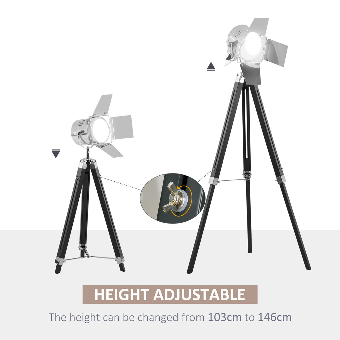 Industrial Tripod Floor Lamp, Nautical Cinema Standing Spotlight with Wood Legs and Adjustable Height for Living Room, Bedroom, Black and Silver