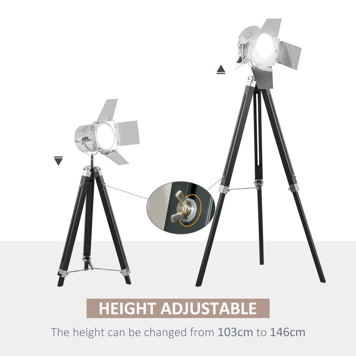 Industrial Tripod Floor Lamp, Nautical Cinema Standing Spotlight with Wood Legs and Adjustable Height for Living Room, Bedroom, Black and Silver