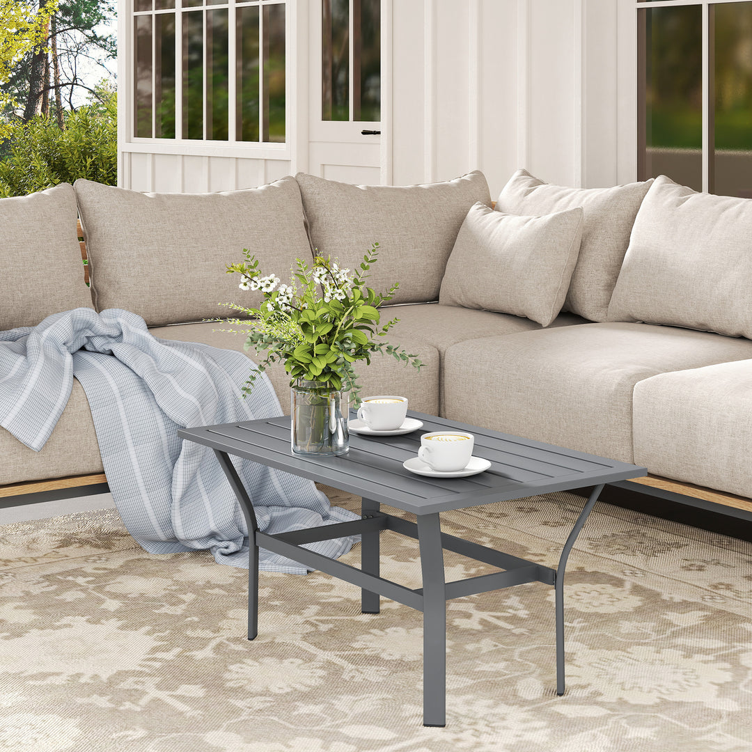 Metal Garden Coffee Table, Rectangular Outdoor Side Table with Slatted Tabletop, Foot Pads for Outside, Garden, Balcony, Porch, 91.5 x 55 x 45cm, Dark Grey
