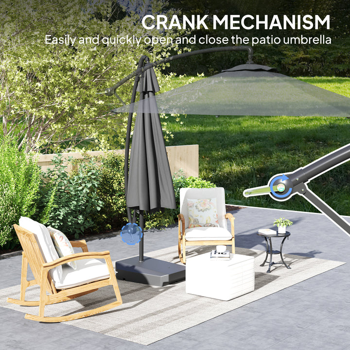 3(m) Garden Cantilever Parasol with Fillable Base up to 90kg, Wind Protection Strap, Cover, Round Banana Hanging Umbrella with Crank Handle and Tilt, UPF50+ Patio Umbrella, Grey