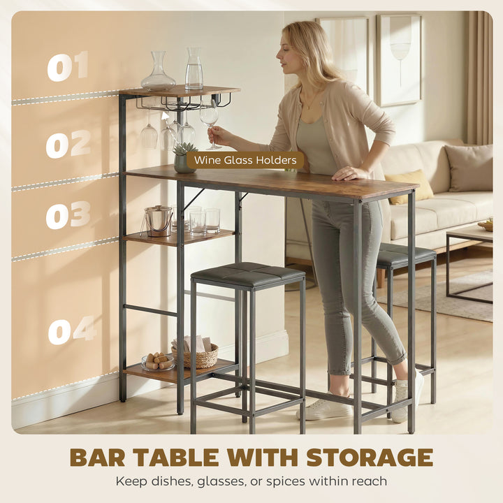 3 Piece Breakfast Bar Table and Stools Set, Rustic Brown