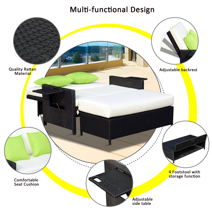 Rattan 2-Seater Sofa Sun Lounger Bed-Black