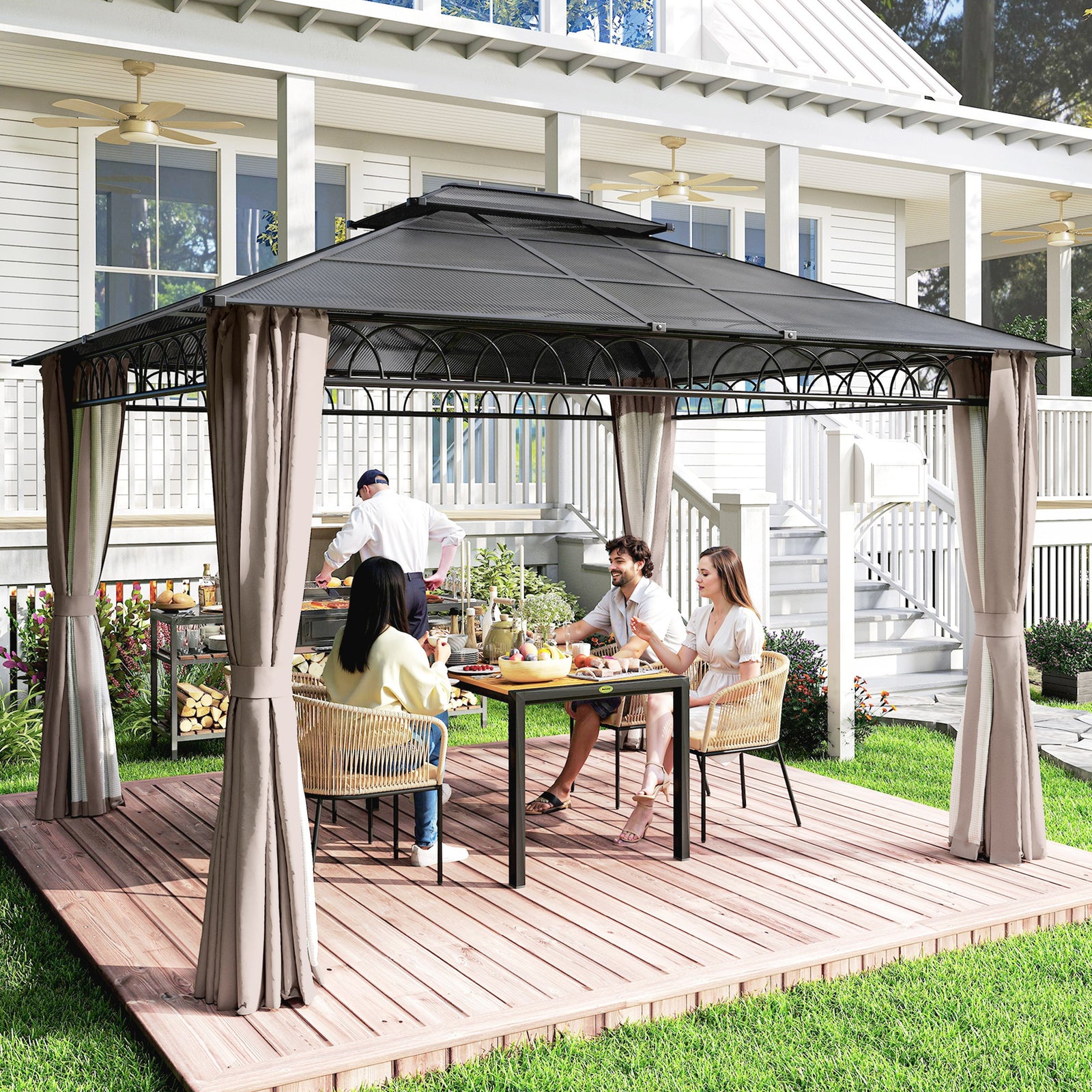 3.6 x 3 (m) Outdoor Polycarbonate Gazebo, Double Roof Hard Top Gazebo with Nettings & Curtains for Garden, Lawn, Patio