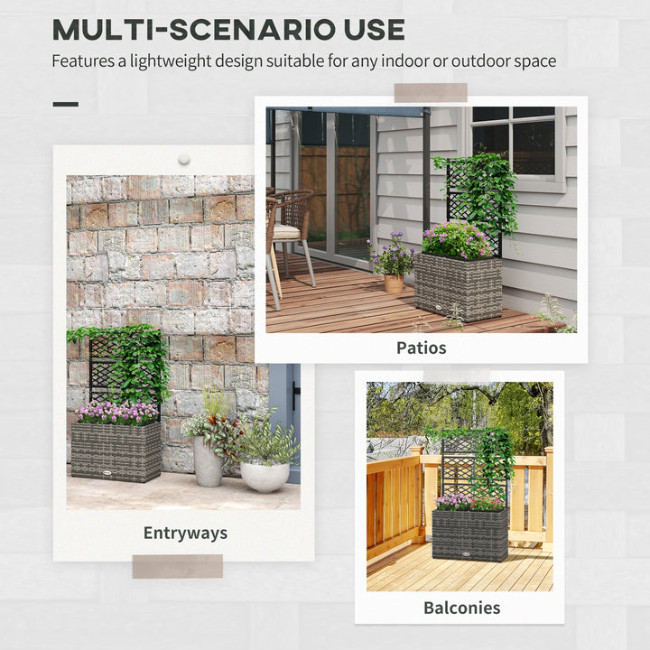 22 L Rattan Planter with Trellis, Freestanding Raised Beds for Garden with Two Plant Boxes, Outdoor Planter for Climbing Plants, Flowers, 57 x 30 x 107 cm, Mixed Grey