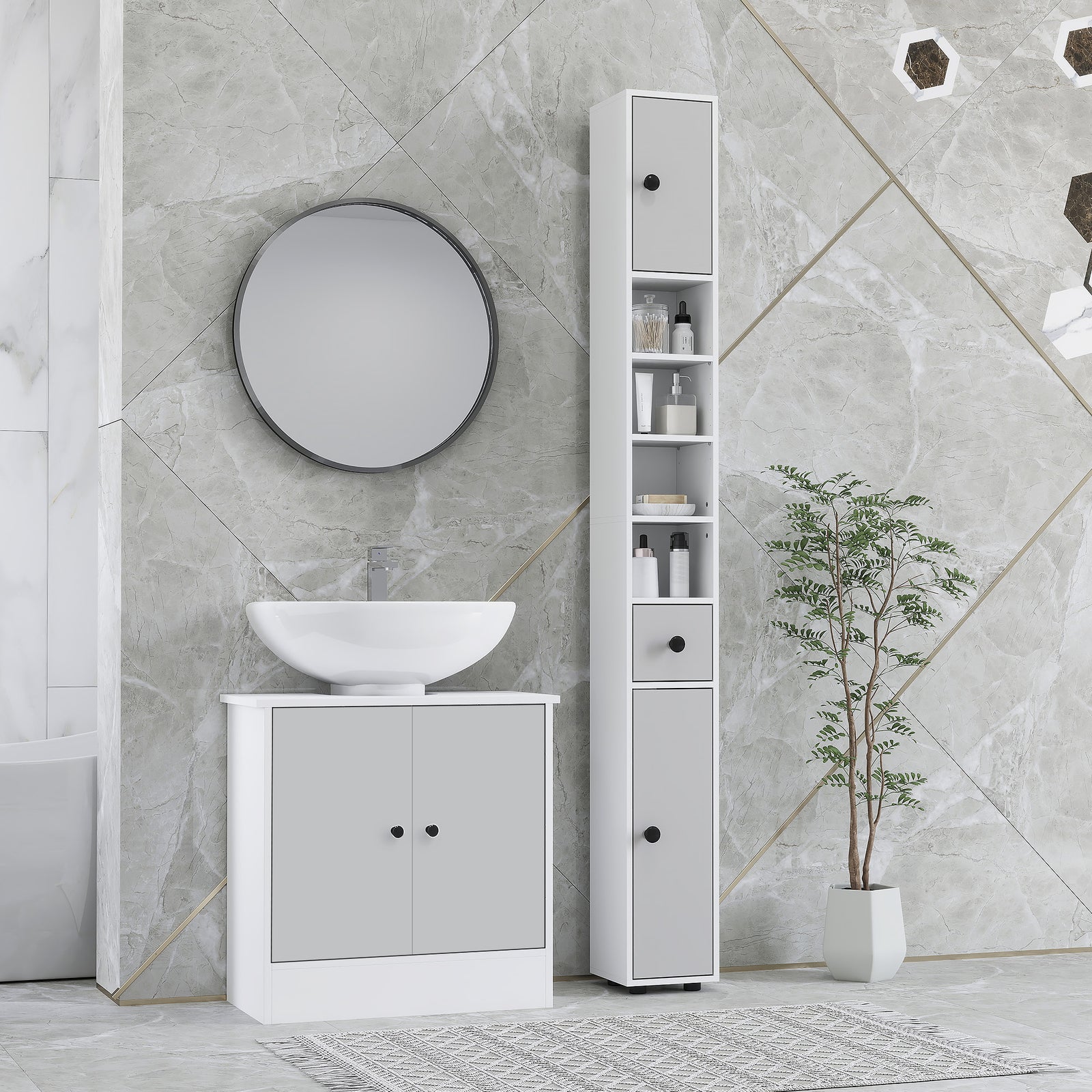 180cm Slim Bathroom Cabinet, with Drawer, Shelves and Cupboards - Light Grey